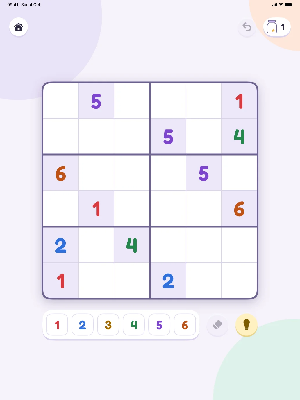Teenydoku on iPad: a 6×6 puzzle, each number in its own colour.